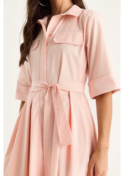 Kadın Pile Etekli Cep Detaylı Kuşaklı Poplin Midi Elbise indirimleri