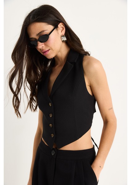 Kadın Şal Yaka Sırt Bağlama Detaylı Tasarım Yelek modelleri