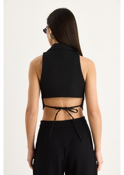 Kadın Şal Yaka Sırt Bağlama Detaylı Tasarım Yelek