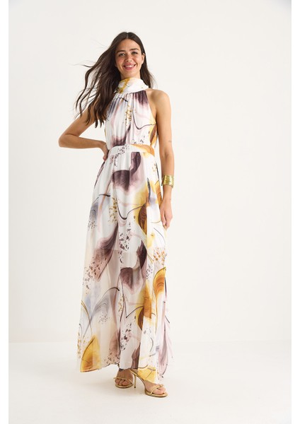 Kadın Halter Yaka Desenli Yırtmaç Detaylı Astarlı Şifon Elbise fiyatları