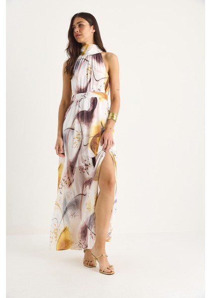 Kadın Halter Yaka Desenli Yırtmaç Detaylı Astarlı Şifon Elbise indirimleri