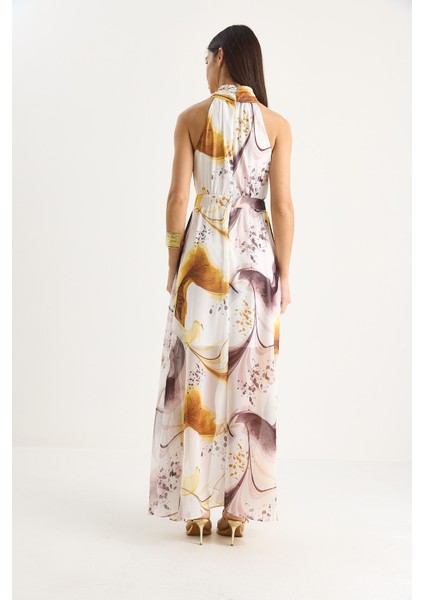 Kadın Halter Yaka Desenli Yırtmaç Detaylı Astarlı Şifon Elbise