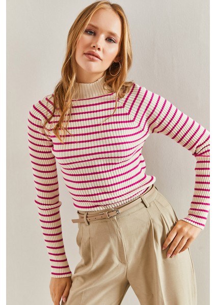 Kadın Çizgili Balıkçı Yaka Kazak