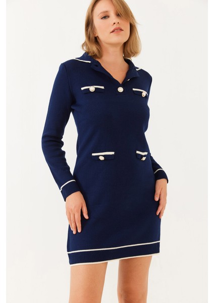 Kadın Gömlek Yaka Düğme ve Cep Detaylı Uzun Kollu Mini Triko Elbise