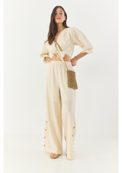 Kadın Bağlama Detaylı Bluz Astarlı Paçası Düğmeli Pantolonlu Astarlı Alt-Üst Takım modelleri