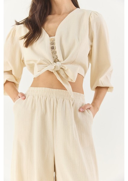 Kadın Bağlama Detaylı Bluz Astarlı Paçası Düğmeli Pantolonlu Astarlı Alt-Üst Takım indirimleri