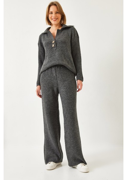 Kadın Gömlek Yaka Kalın Triko Alt Üst Takım