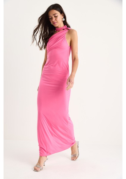 Kadın Tek Omuz Detaylı Aksesuarlı Sandy Dar Mavi Elbise Ate- modelleri