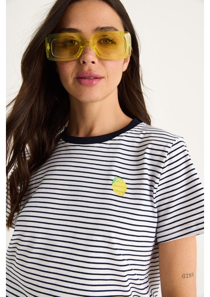 Kadın Limon Nakışlı Çizgili Pamuklu Basic T-Shirt