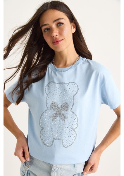 Kadın Teddy Kurdele Detaylı Taşlı T-Shirt