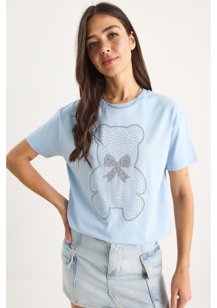 Kadın Teddy Kurdele Detaylı Taşlı T-Shirt fiyatları