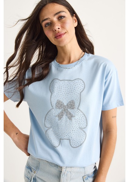 Kadın Teddy Kurdele Detaylı Taşlı T-Shirt fırsatları