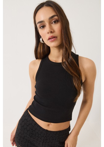 Kadın Fitilli Halter Yaka Kaşkorse Basic Crop Top Atlet