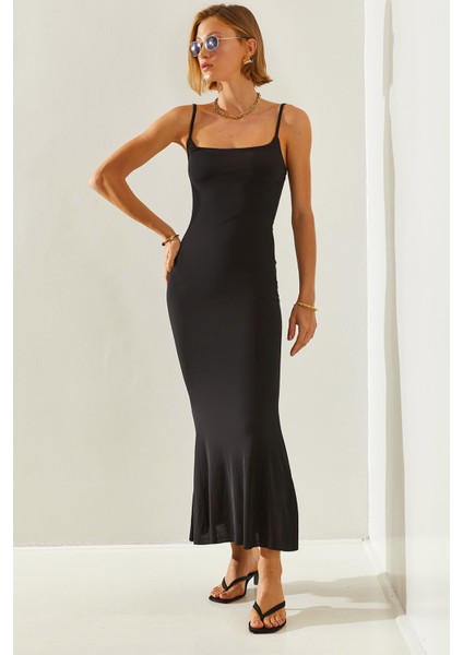 Kadın Midi Boy Ince Askılı Likralı Elbise