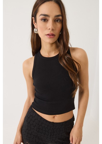 Kadın Fitilli Halter Yaka Kaşkorse Basic Crop Top Atlet fiyatları