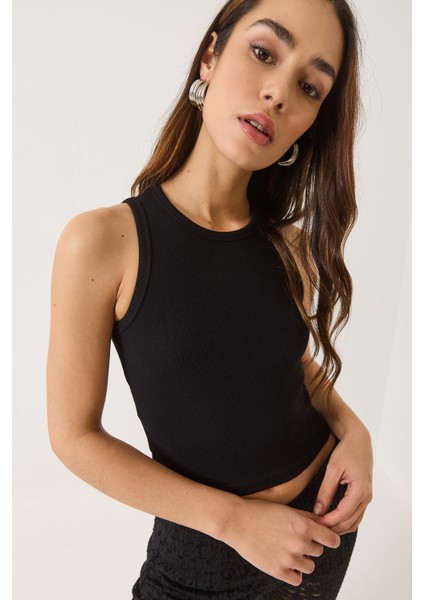 Kadın Fitilli Halter Yaka Kaşkorse Basic Crop Top Atlet modelleri