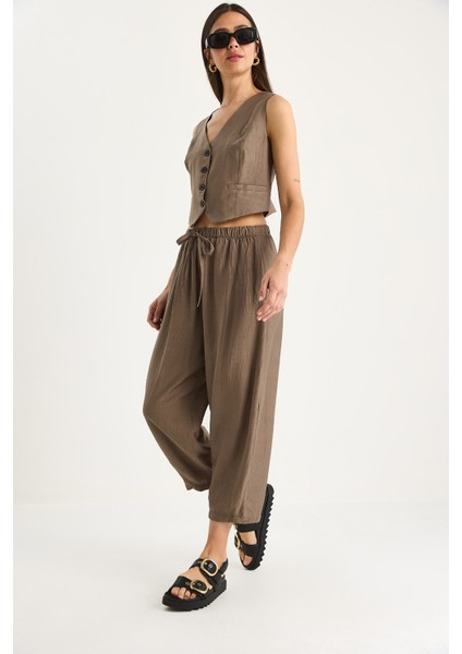Kadın Cep Detaylı Rahat Pantolon Yelekli Alt-Üst Takım modelleri
