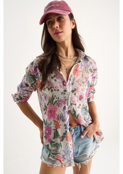 Kadın Desenli Dijital Baskılı Regular Yazlık Örme Gömlek