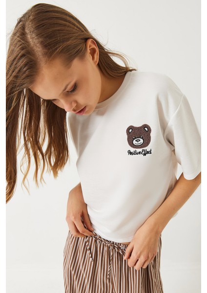 Kadın Teddy Nakışlı Penye Crop T-Shirt