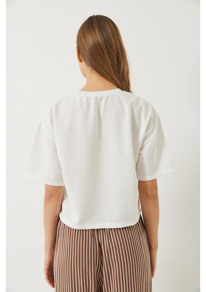 Kadın Teddy Nakışlı Penye Crop T-Shirt
