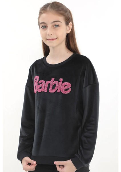 Orijinal Lisanslı Barbie Kabartmalı Oversize Kadife Çocuk Sweatshirt - BARBIE-57353