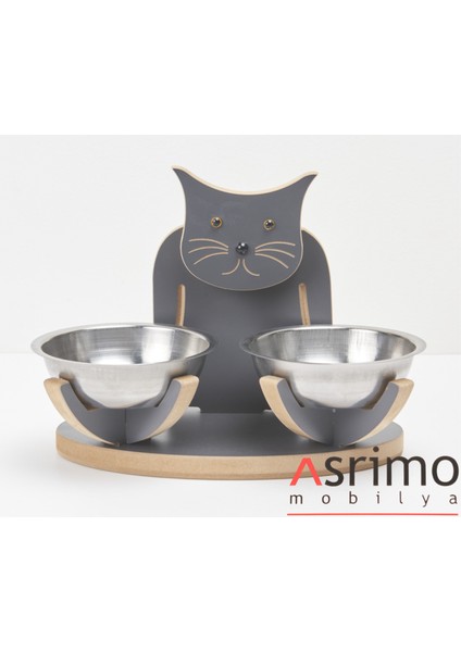 Demonte Ahşap Kedi Figürlü Mamalık ve Suluk