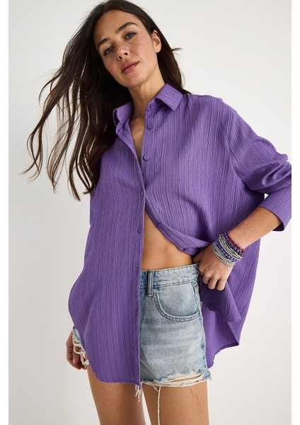 Kadın Düşük Omuz Oversize Basic Bürümcük Gömlek