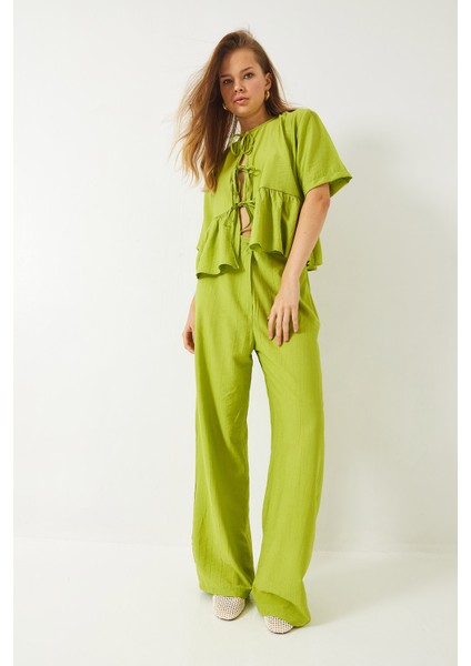 Kadın Bağlama Detaylı Kısa Kollu Bluz Pantolon Alt-Üst Takım fiyatları