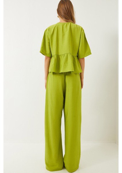 Kadın Bağlama Detaylı Kısa Kollu Bluz Pantolon Alt-Üst Takım modelleri