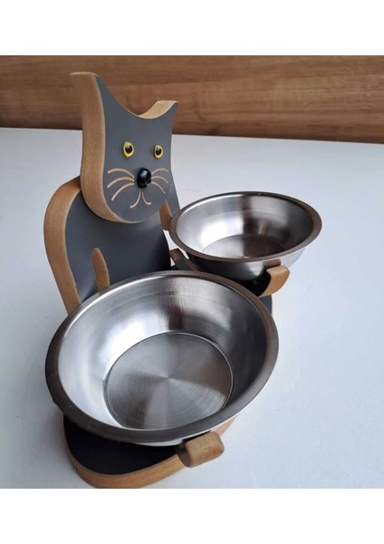 Demonte Ahşap Kedi Figürlü Mamalık ve Suluk