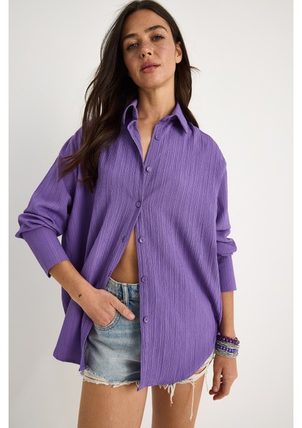 Kadın Düşük Omuz Oversize Basic Bürümcük Gömlek indirimleri