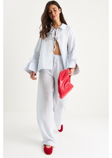 Kadın Bağlama Detaylı Büyük Manşetli Çizgili Yazlık Pamuklu Alt-Üst Takım
