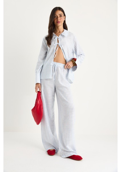 Kadın Bağlama Detaylı Büyük Manşetli Çizgili Yazlık Pamuklu Alt-Üst Takım fiyatları