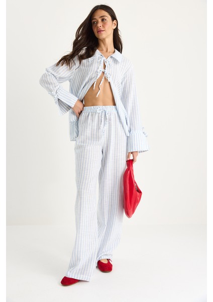 Kadın Bağlama Detaylı Büyük Manşetli Çizgili Yazlık Pamuklu Alt-Üst Takım modelleri