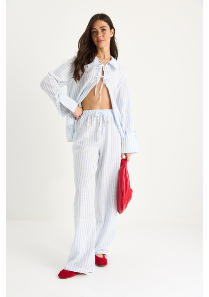 Kadın Bağlama Detaylı Büyük Manşetli Çizgili Yazlık Pamuklu Alt-Üst Takım fırsatları