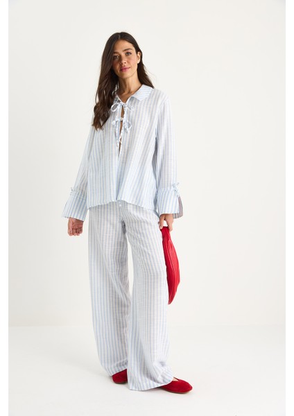 Kadın Bağlama Detaylı Büyük Manşetli Çizgili Yazlık Pamuklu Alt-Üst Takım indirimleri