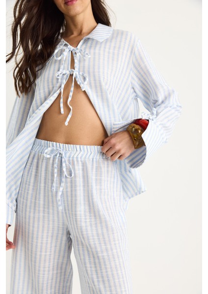 Kadın Bağlama Detaylı Büyük Manşetli Çizgili Yazlık Pamuklu Alt-Üst Takım