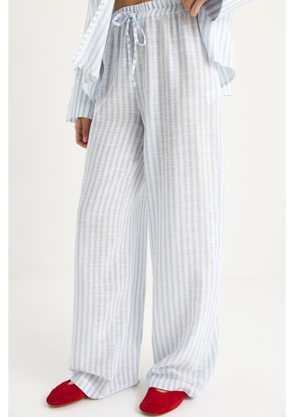 Kadın Bağlama Detaylı Büyük Manşetli Çizgili Yazlık Pamuklu Alt-Üst Takım