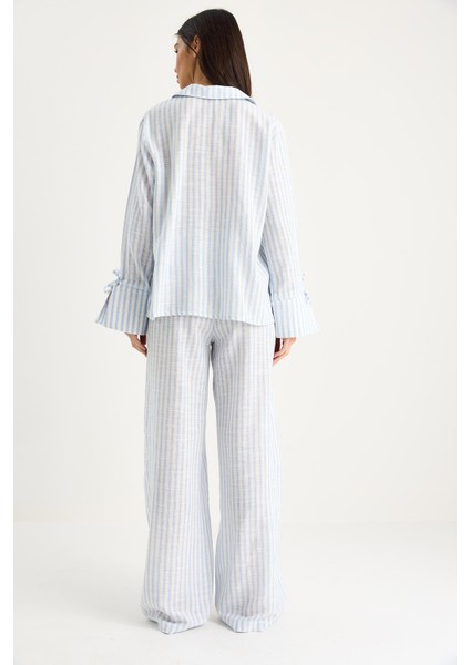 Kadın Bağlama Detaylı Büyük Manşetli Çizgili Yazlık Pamuklu Alt-Üst Takım
