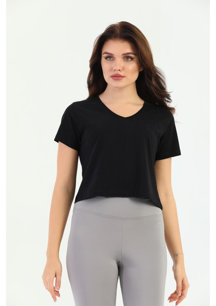 Siyah Crop V-Yaka Kadın Tişört fırsatları