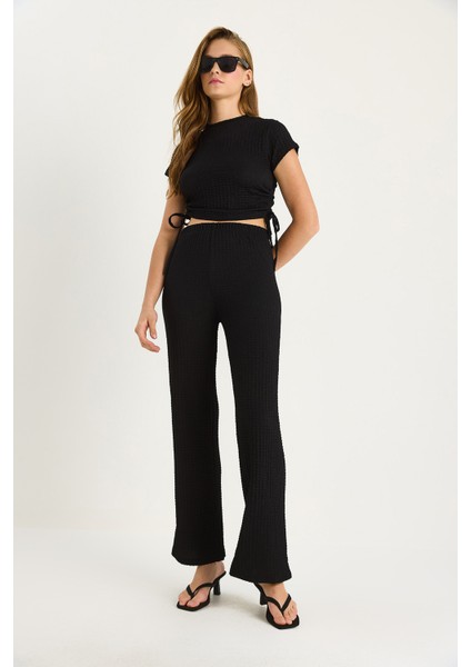 Kadın Yanları Bağlamalı Kısa Kollu Crop Gofre Alt-Üst Takım fiyatları