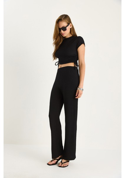 Kadın Yanları Bağlamalı Kısa Kollu Crop Gofre Alt-Üst Takım modelleri