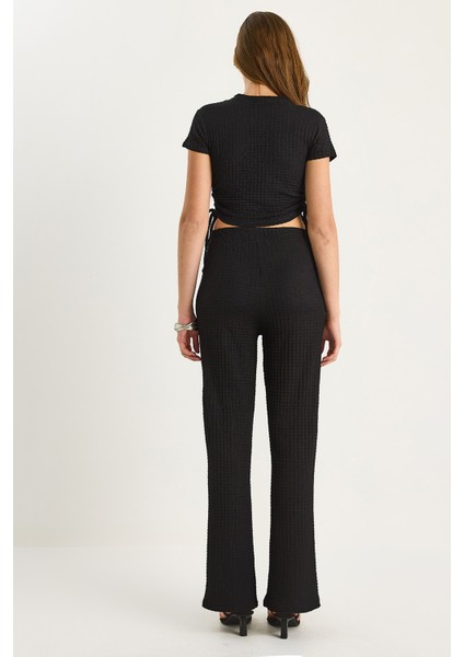 Kadın Yanları Bağlamalı Kısa Kollu Crop Gofre Alt-Üst Takım fırsatları