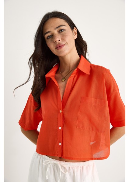 Kadın V Yaka Tek Cep Detaylı Kısa Pamuklu Keten Yazlık Gömlek - fiyatları