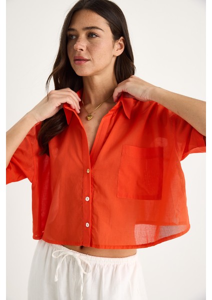 Kadın V Yaka Tek Cep Detaylı Kısa Pamuklu Keten Yazlık Gömlek - modelleri