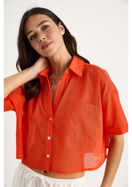 Kadın V Yaka Tek Cep Detaylı Kısa Pamuklu Keten Yazlık Gömlek - fırsatları