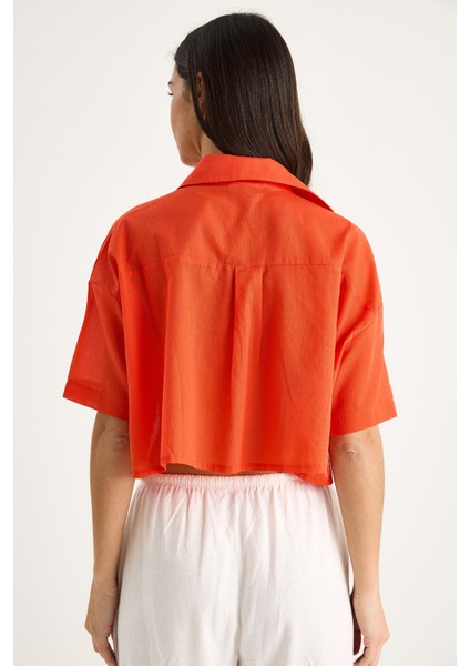 Kadın V Yaka Tek Cep Detaylı Kısa Pamuklu Keten Yazlık Gömlek - indirimleri