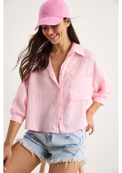 Kadın Kendinden Çizgili Yarım Kollu Tek Cep Detaylı Gömlek fiyatları