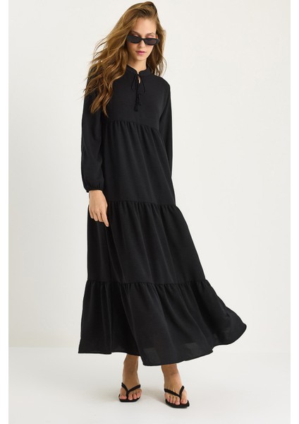 Kadın V Yaka Uzun Ayrobin Elbise