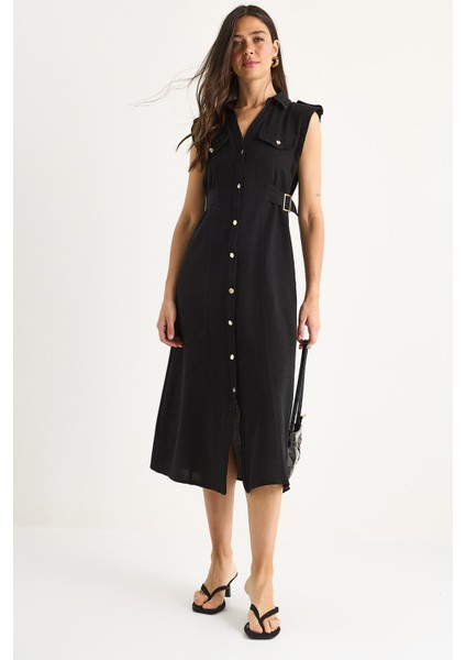 Kadın Gold Düğmeli Bel Detaylı Keten Elbise